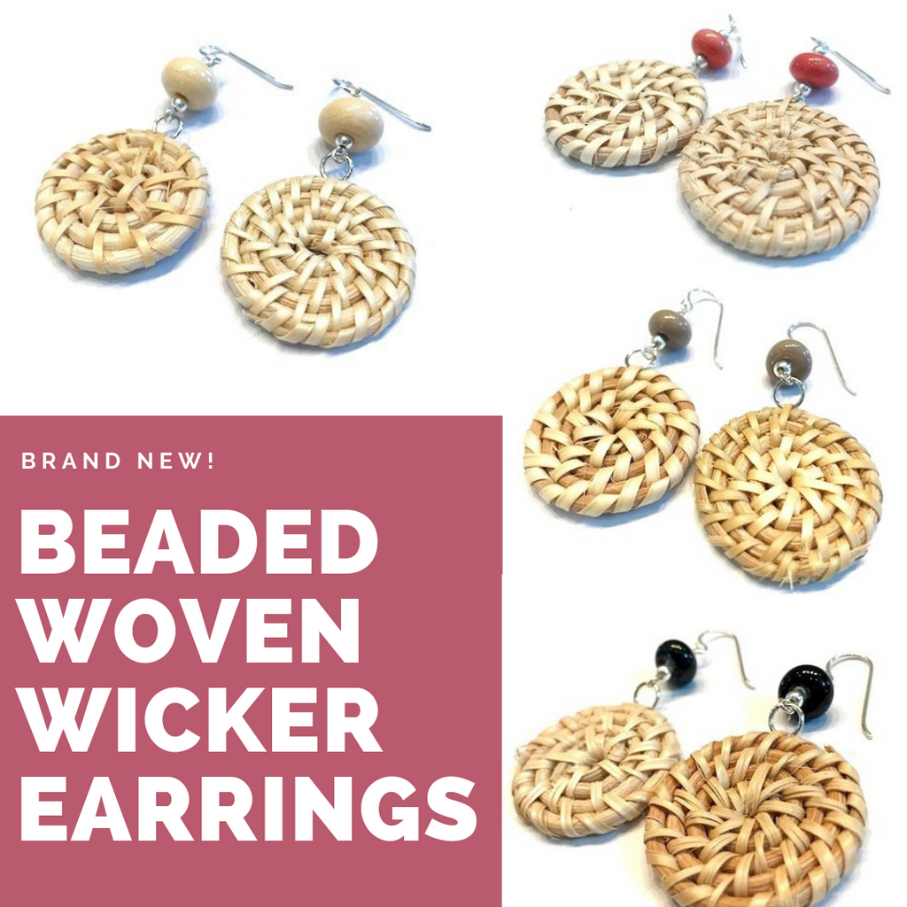 Woven Wicker Rattan Earrings With Glass Beads