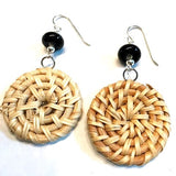 black glass beaded woven wicker earrings