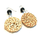black beaded round woven rattan earrings