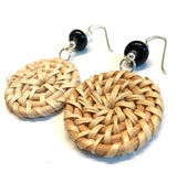 black glass beaded round woven wicker straw earrings