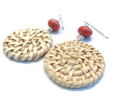 red coral beaded woven rattan earrings