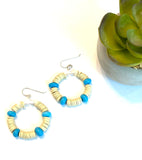 Tan Heishi and Blue Glass Beaded Hoop Earrings