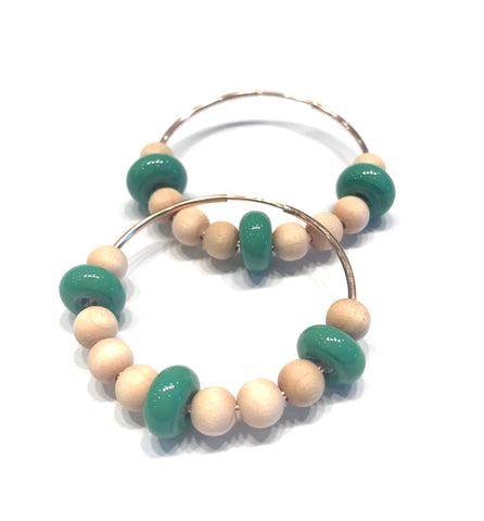 wood and green beaded hoop earrings