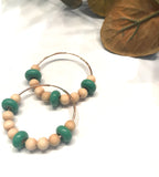 wooden and green beaded hoop earrings