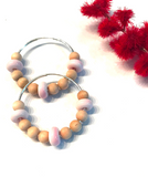 light pink and wood beaded hoop earrings