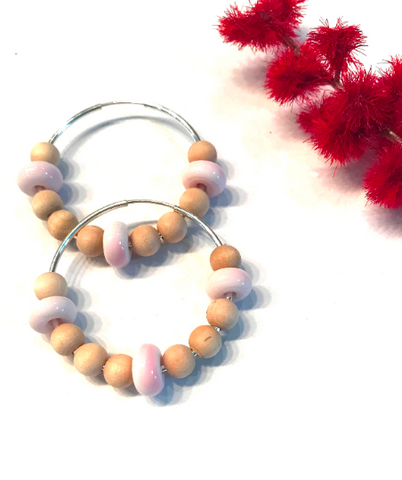light pink and wood beaded hoop earrings