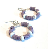 Purple and White Heishi and Glass Beaded Hoop Earrings
