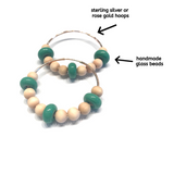 green and wood beaded hoop earrings