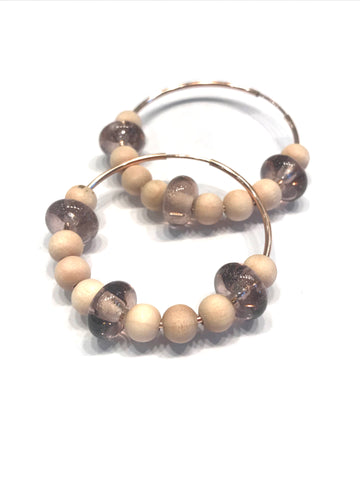 Wooden And Sepia Beaded Hoop Earrings