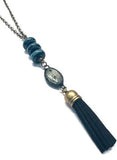 black and gray glass beaded leather tassel necklace for girls
