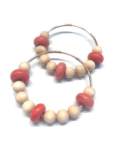 wooden and coral beaded hoop earrings