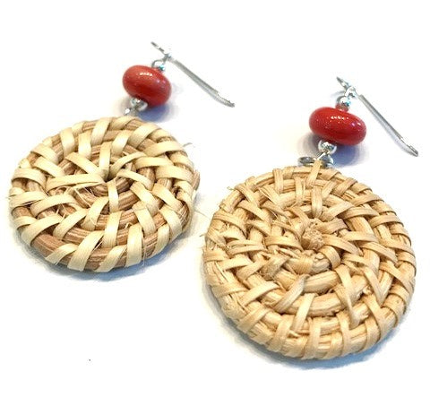 coral red glass beaded woven straw earrings