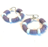 Purple and White Heishi and Glass Beaded Hoop Earrings