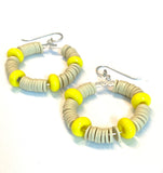 Tan Heishi and Yellow Glass Beaded Hoop Earrings