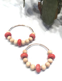 wooden and coral red beaded hoop earrings