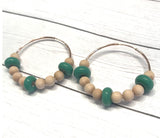green glass beaded and wood beaded hoop earrings